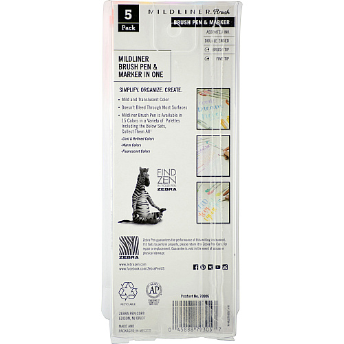 Zebra Pen Mildliner Brush Double-ended Creative Marker Warm Color Pack Fine Marker Point - Brush Marker Point Style - Gold Pigment-based, Magenta, Brown, Vermillion, Smoke Blue Ink - 5 / Pack (79305)