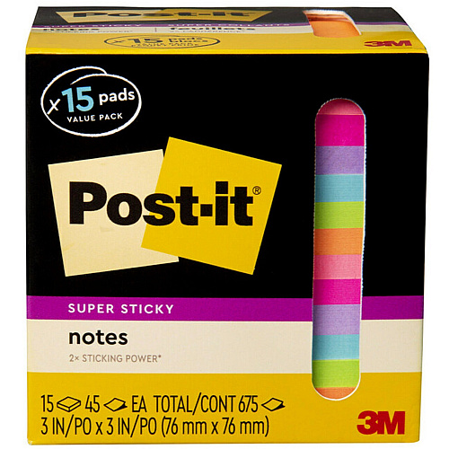 Post-it&reg; Super Sticky Notes 15 - 3" Flag/Note Width x 3" Flag/Note Length - Square - 45 Sheets per Pad - Neon Orange, Tropical Pink, Power Pink, Iris, Blue Paradise, Neon Green Limeade - Adhesive, Recyclable - 15 / Pack (65415SSCP)