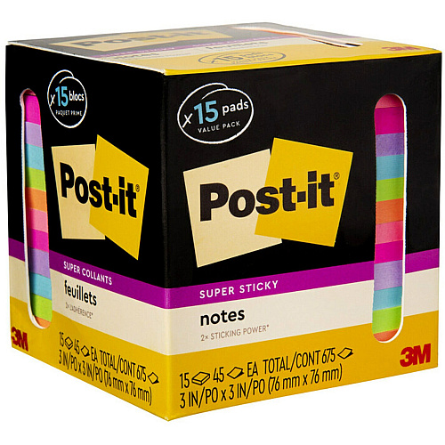 Post-it&reg; Super Sticky Notes 15 - 3" Flag/Note Width x 3" Flag/Note Length - Square - 45 Sheets per Pad - Neon Orange, Tropical Pink, Power Pink, Iris, Blue Paradise, Neon Green Limeade - Adhesive, Recyclable - 15 / Pack (65415SSCP)