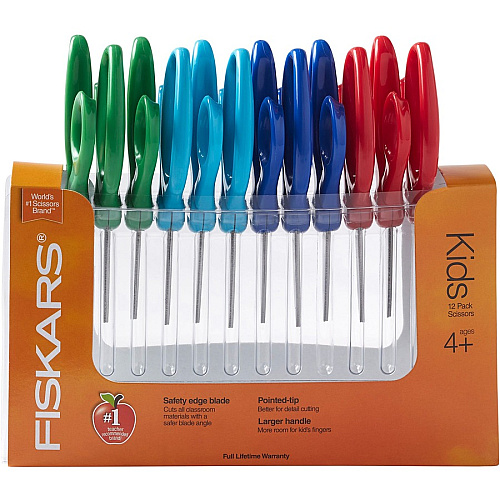 Fiskars 5" Blunt-tip Kids Scissors 1.75" Cutting Length - 5" Overall Length - Straight - Stainless Steel Safety Edge Blade - Blunted Tip - Red, Blue, Turquoise, Green - 12 / Pack (1941601070)