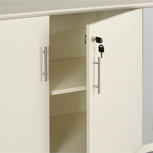 Safco Medina Textured Sea Salt Laminate Unit 1" Thickness Work Surface, 29.5" Height x 72" Width x 20" Depth Return, 0" Thickness Table Top, 26.4" Height x 17.9" Width1" Thickness Door - 4 Door(s) - 4 Shelve(s) - 4 Adjustable Shelf(ves) - Bevele (MVLCTSS)