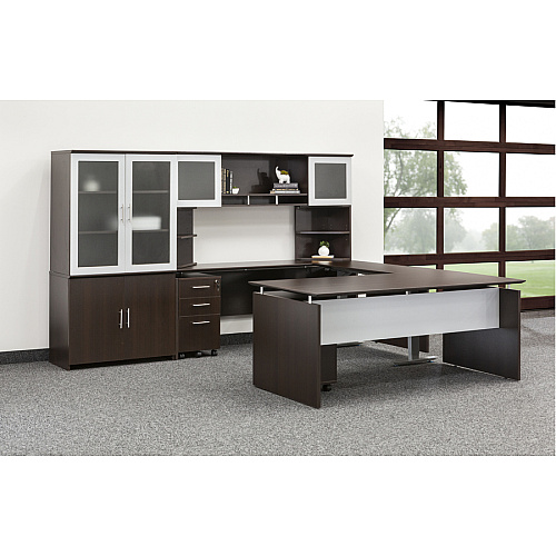 Safco Medina Mocha Laminate Office Unit 29.5" Height x 63" Width x 36" Depth, 0" Thickness Table Top - Beveled Edge - Material: Medium Density Fiberboard (MDF), Laminate - Finish: Mocha, Silver - Durable, Leg Leveler, Modesty Panel - For Offic (MNDS63LDC)