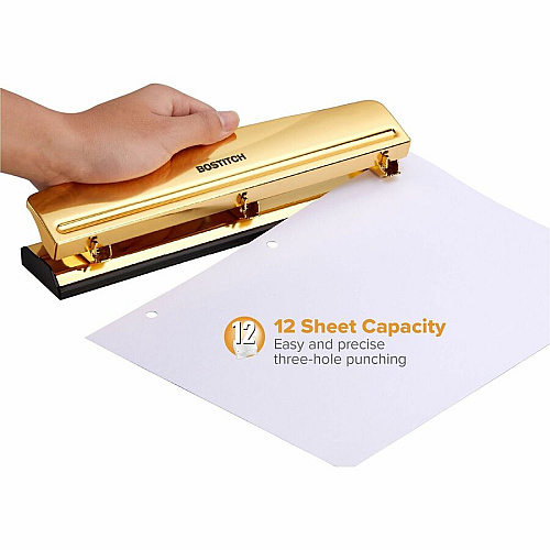 Bostitch 3-hole Punch 3 Punch Head(s) - 12 Sheet - 9/32" Punch Size - Metal, Rubber - 2.5" Width x 10.6" Depth - Yellow, Gold (HP12GOLD)