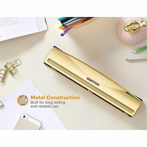 Bostitch 3-hole Punch 3 Punch Head(s) - 12 Sheet - 9/32" Punch Size - Metal, Rubber - 2.5" Width x 10.6" Depth - Yellow, Gold (HP12GOLD)