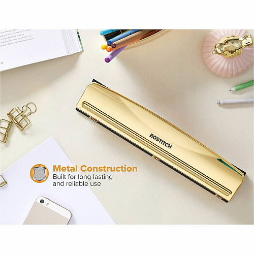 Bostitch 3-hole Punch 3 Punch Head(s) - 12 Sheet - 9/32" Punch Size - Metal, Rubber - 2.5" Width x 10.6" Depth - Yellow, Gold (HP12GOLD)