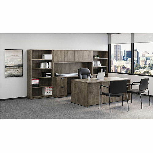 Lorell Prominence 2.0 Bookcase 69" Height x 34" Width x 12" Depth, x 1" Thickness Top - 5 Shelve(s) - 4 Adjustable Shelf(ves) - Material: Particleboard - Finish: Gray Elm (LLRPBK3469GE)