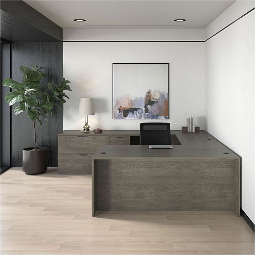 Lorell Prominence 2.0 Left Return Rectangle - 29" Height x 42" Width x 24" Depth, 1" Thickness Top - Total Drawer(s): 2 - Single Pedestal on Left Side - Band Edge - Material: Particleboard - Finish: Gray Elm, Thermofused Melamine (TFM), La (LLRPR2442QLGE)