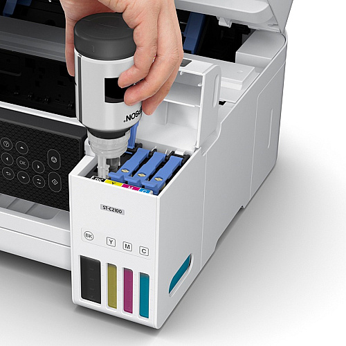 Epson WorkForce ST-C2100 Wireless Inkjet Multifunction Printer - Color Copier/Printer/Scanner - 5760 x 1440 dpi class - Automatic Duplex Print - Up to 3000 Pages Monthly - 100 sheets Input - Color Flatbed Scanner - 1200 dpi Optical Scan - Wir (C11CJ63203)
