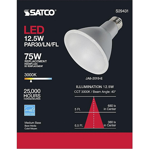 Satco PAR 30 LN LED Bulb 12.50 W - 75 W Incandescent Equivalent Wattage - 120 V AC - 1000 lm - Parabolic Reflector - PAR30LN Size - Clear - Warm White Light Color - E26 Base - 25000 Hour - 3000&deg;K Color Temperature - 90 CRI - 40&deg; Beam Angl (S29431)