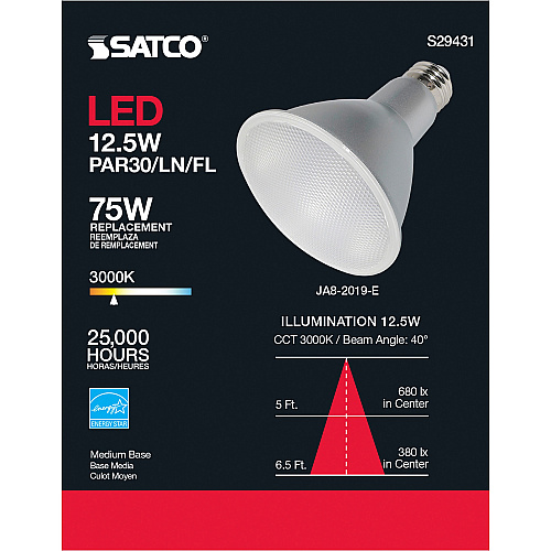 Satco PAR 30 LN LED Bulb 12.50 W - 75 W Incandescent Equivalent Wattage - 120 V AC - 1000 lm - Parabolic Reflector - PAR30LN Size - Clear - Warm White Light Color - E26 Base - 25000 Hour - 3000&deg;K Color Temperature - 90 CRI - 40&deg; Beam Angl (S29431)