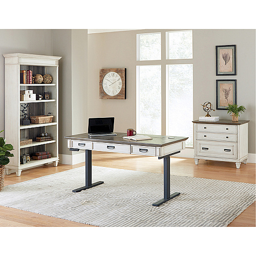 Martin Hartford Sit/Stand Desktop Rectangle - 45" Height x 60" Width x 28" Depth - Total Drawer(s): 3 - 1 Shelve(s) - Material: Wood Grain, Veneer - Finish: Vintage Linen - 1 Each (IMHF384TW)