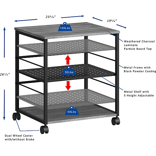 Lorell Deskside Mobile Machine Stand 200 lb Load Capacity - 26.50" Height x 23.60" Width x 19.60" Depth - Desk - Powder Coated - Metal, Laminate, Polyvinyl Chloride (PVC) - Charcoal, Black (LLR60263)