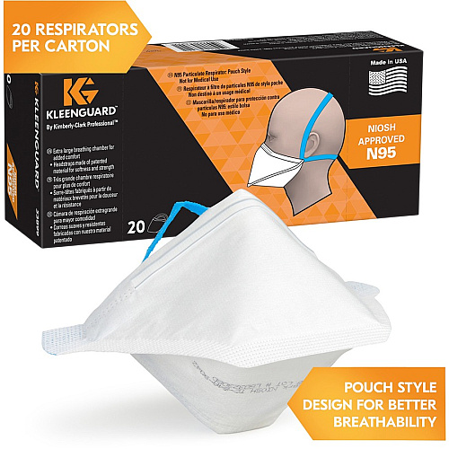 Kleenguard N95 Pouch Respirator Recommended for: Face - Regular - White, Blue - Comfortable, Breathable, Adjustable Nose-piece, Lightweight, Foldable, Head Strap, Particle Filtration Efficiency (PFE) - 20/Pack - 12 / Carton (53899CT)