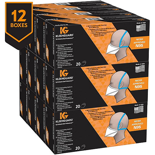 Kleenguard N95 Pouch Respirator Recommended for: Face - Regular - White, Blue - Comfortable, Breathable, Adjustable Nose-piece, Lightweight, Foldable, Head Strap, Particle Filtration Efficiency (PFE) - 20/Pack - 12 / Carton (53899CT)