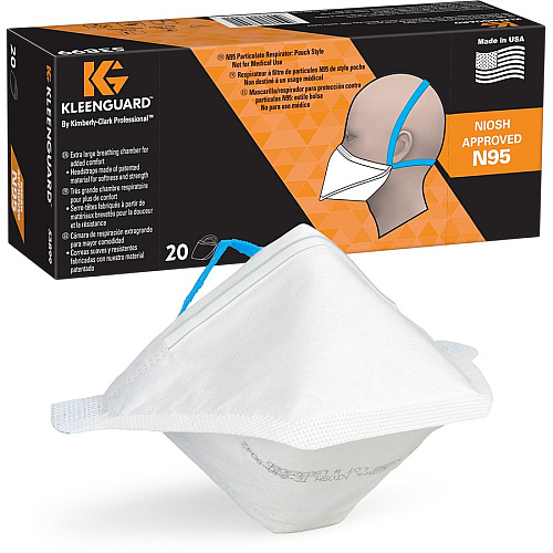 Kleenguard N95 Pouch Respirator Recommended for: Face - Regular - White, Blue - Comfortable, Breathable, Adjustable Nose-piece, Lightweight, Foldable, Head Strap, Particle Filtration Efficiency (PFE) - 20/Pack - 12 / Carton (53899CT)