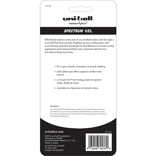uni-ball uni&reg; Spectrum Gel Pen 0.7 mm Medium Pen Point - Refillable - Retractable - Multicolor Ink - Pigment-based, Gel-based - Black Plastic, Rubberized Barrel - 5 / Pack (70278)