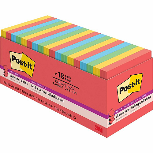 Post-it&reg; Super Sticky Dispenser Notes - Playful Primaries Color Collection 3" Flag/Note Width x 3" Flag/Note Length - Square - Candy Apple Red, Blue Paradise, Sunnyside, Lucky Green - Paper - Pop-up, Recyclable - 18 / Pack (R33018SSANCP)