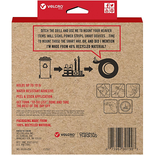 VELCRO&reg; Eco Collection Adhesive Backed Tape 8 ft Length x 1.88" Width - Black - 1 Each (30190)