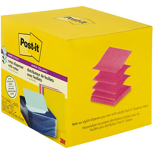 Post-it&reg; Notes Dispenser and Dispenser Notes 3" x 3" Note - 90 Sheet Note Capacity - Washed Denim, Citron Yellow, Power Pink (WAVE330SSVA)