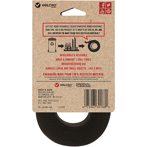 VELCRO&reg; Strap,Adjustable,Reusable,Recycled,1"x10',Black Cable Strap - Black - 1 Each (30188)