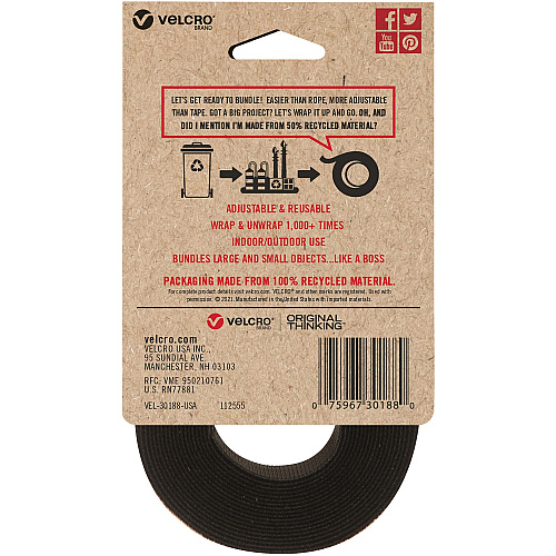 VELCRO&reg; Strap,Adjustable,Reusable,Recycled,1"x10',Black Cable Strap - Black - 1 Each (30188)