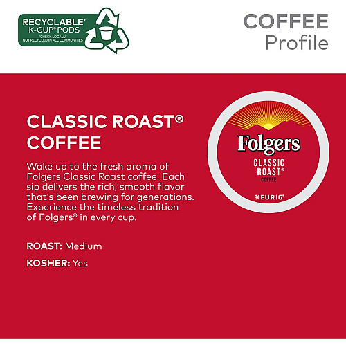 Folgers Folger K-Cup Classic Roast Coffee Compatible with Keurig K-Cup Brewer - American - Medium - 24 K-Cup - K-Cup - Classic Roast - Kosher - 24 / Box (7456)