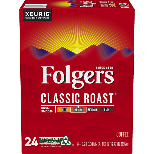 Folgers Folger K-Cup Classic Roast Coffee Compatible with Keurig K-Cup Brewer - American - Medium - 24 K-Cup - K-Cup - Classic Roast - Kosher - 24 / Box (7456)