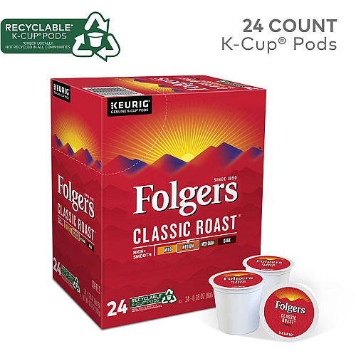 Folgers Folger K-Cup Classic Roast Coffee Compatible with Keurig K-Cup Brewer - American - Medium - 24 K-Cup - K-Cup - Classic Roast - Kosher - 24 / Box (7456)