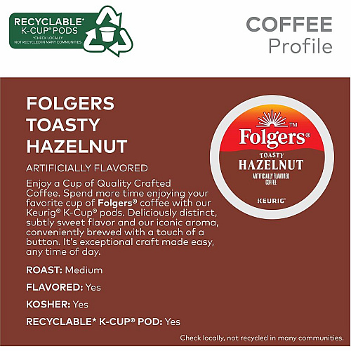Folgers&reg; K-Cup Toasty Hazelnut Coffee Compatible with Keurig Brewer - Medium - K-Cup - Hazelnut Cream - 24 / Box (7463)