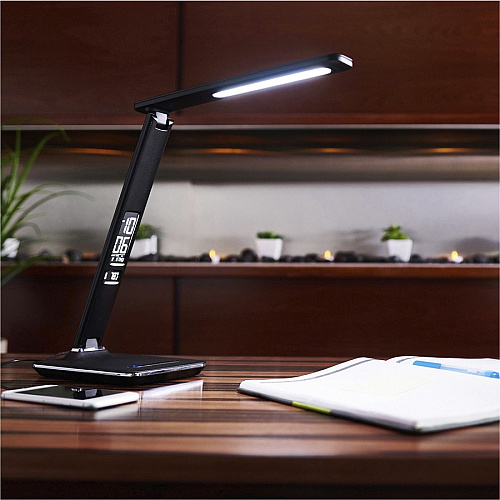 OttLite Wellness Series Renew LED Desk Lamp 14.8" Height x 6" Width - LED Bulb - USB Charging, Adjustable Brightness, Touch-activated, Adjustable Height, Adjustable Knob, Alarm, ClearSun LED, Energy Saving - 400 lm Lumens - Faux Leather, Ch (F1DY8G59SHPR)