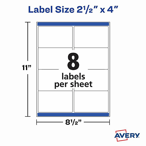 Avery&reg; Avery&reg; Printable Shipping Labels, 2.5" x 4" , 200 Labels 2 1/2" Width x 4" Length - Permanent Adhesive - Rectangle - Inkjet - White - Paper - Customizable, Smudge-free, Jam-free, Smudge Resistant, Stick & Stay - 8 / Sheet - 25 Total  (5815)