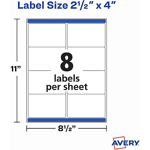 Avery&reg; Printable Shipping Labels, 2.5" x 4" , 200 Labels 2 1/2" Width x 4" Length - Permanent Adhesive - Rectangle - Laser - White - Paper - Permanent Adhesive, Smudge-free, Jam-free, Smudge Resistant, Stick & Stay - 8 / Sheet - 25 Total Sheets (5816)