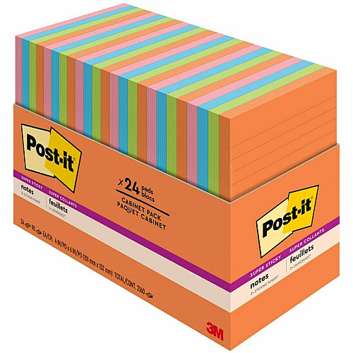 Post-it&reg; Super Sticky Notes - Energy Boost Color Collection 4" Flag/Note Width x 6" Flag/Note Length - Rectangle - 45 Sheets per Pad - Vital Orange, Tropical Pink, Blue Paradise, Limeade - Sticky - 24 / Pack (66024SSAUCP)