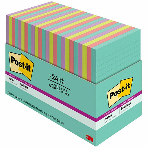 Post-it&reg; Super Sticky Notes - Supernova Neons Color Collection 4" Flag/Note Width x 6" Flag/Note Length - Rectangle - 45 Sheets per Pad - Blue, Green, Pink, Lilac - Sticky - 24 / Pack (66024SSMIACP)
