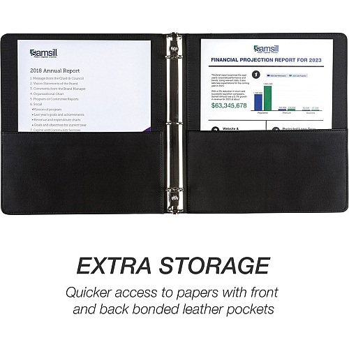 Samsill Contrast Stitch Leather Ring Binder 1" Binder Capacity - Letter - 8 1/2" x 11" Sheet Size - 200 Sheet Capacity - Fastener(s): Round Ring - Pocket(s): 2, Internal - Bonded Leather, LeatherGrain - Black - Durable, Spine, Rivet - 1 Each (15710)