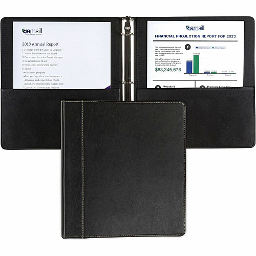 Samsill Contrast Stitch Leather Ring Binder 1" Binder Capacity - Letter - 8 1/2" x 11" Sheet Size - 200 Sheet Capacity - Fastener(s): Round Ring - Pocket(s): 2, Internal - Bonded Leather, LeatherGrain - Black - Durable, Spine, Rivet - 1 Each (15710)