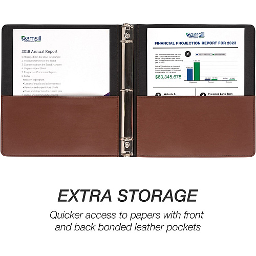 Samsill Contrast Stitch Leather Ring Binder 1" Binder Capacity - Letter - 8 1/2" x 11" Sheet Size - 200 Sheet Capacity - 1" Ring - Round Ring Fastener(s) - 2 Internal Pocket(s) - Bonded Leather, LeatherGrain - Tan - Durable, Spine, Rivet - 1 Each (15712)