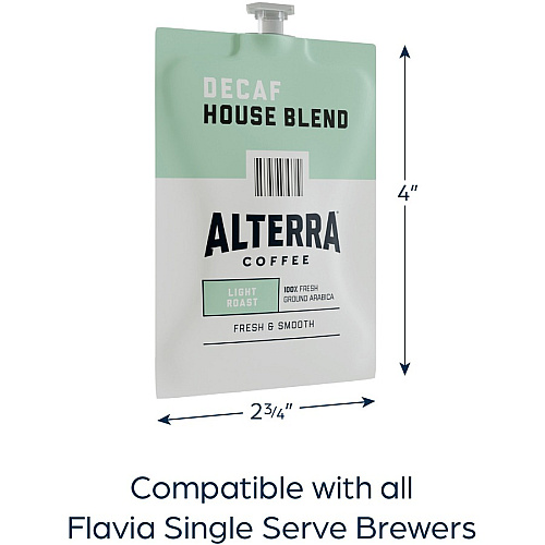 Alterra Freshpack Decaf House Blend Coffee Compatible with Flavia Aroma, Flavia Barista, FLAVIA Creation 600, Flavia Creation 500, Flavia Creation 200, Flavia Creation 150, Flavia Creation 300 - Light - Freshpack - Decaffeinated - 100 / Carton (48013)