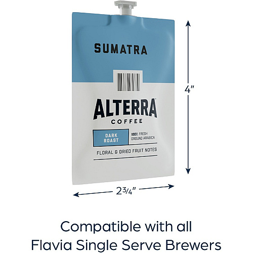Alterra Freshpack Sumatra Coffee Compatible with Flavia Aroma, Flavia Barista, FLAVIA Creation 600, Flavia Creation 500, Flavia Creation 200, Flavia Creation 150, Flavia Creation 300 - Dark - Freshpack - Sumatra - 100 / Carton (48017)
