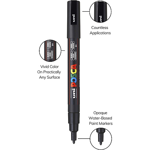 uni-ball uni&reg; Posca PC-3M Paint Markers Fine Marker Point - Black Ink - Water Based, Pigment-based - 6 / Pack (PC3MBLACK)