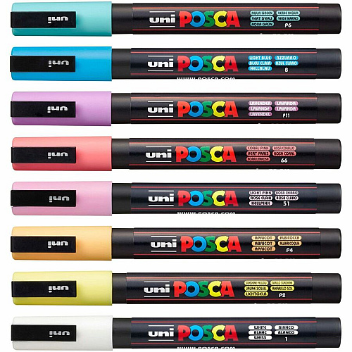 uni-ball uni&reg; Posca PC-3M Paint Markers Fine Marker Point - Green, Blue, Light Blue, Yellow, Red, Pink, White, Black Ink - Water Based, Pigment-based - 8 / Pack (PC3M8C)