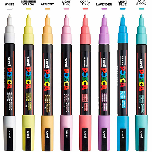 uni-ball uni&reg; Posca PC-3M Paint Markers Fine Marker Point - Green, Blue, Light Blue, Yellow, Red, Pink, White, Black Ink - Water Based, Pigment-based - 8 / Pack (PC3M8C)