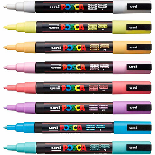 uni-ball uni&reg; Posca PC-3M Paint Markers Fine Marker Point - Green, Blue, Light Blue, Yellow, Red, Pink, White, Black Ink - Water Based, Pigment-based - 8 / Pack (PC3M8C)
