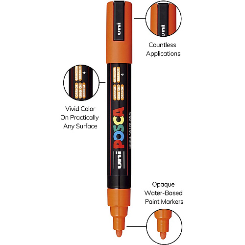 uni-ball uni&reg; Posca PC-5M Paint Markers Medium, Bullet Marker Point - Beige, Black, Blue, Brown, Gold, Green, Gray, Light Blue, Light Green, Orange, Pink, ... Ink - Water Based, Pigment-based - 16 / Pack (PC5M16C)