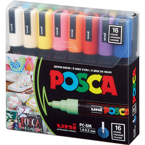 uni-ball uni&reg; Posca PC-5M Paint Markers Medium, Bullet Marker Point - Beige, Black, Blue, Brown, Gold, Green, Gray, Light Blue, Light Green, Orange, Pink, ... Ink - Water Based, Pigment-based - 16 / Pack (PC5M16C)