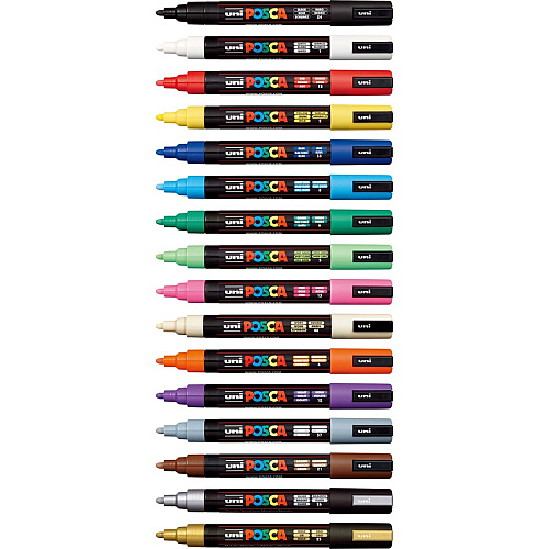 uni-ball uni&reg; Posca PC-5M Paint Markers Medium, Bullet Marker Point - Beige, Black, Blue, Brown, Gold, Green, Gray, Light Blue, Light Green, Orange, Pink, ... Ink - Water Based, Pigment-based - 16 / Pack (PC5M16C)