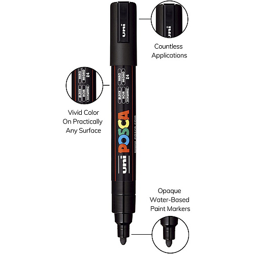 uni-ball uni&reg; Posca PC-5M Paint Markers Medium Marker Point - Black Ink - Water Based, Pigment-based - 6 / Pack (PC5MBLACK)