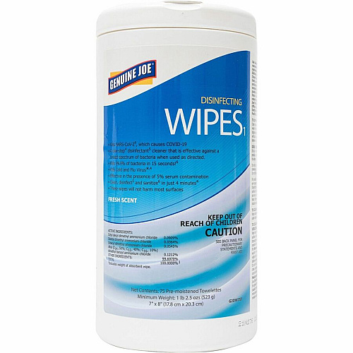 Genuine Joe Disinfecting Wipes Ready-To-Use - Fresh Citrus Scent - 8" Length x 7" Width - Pre-moistened, Strong, Absorbent - White - 75/Tub - 6 / Carton (GJOW75F)
