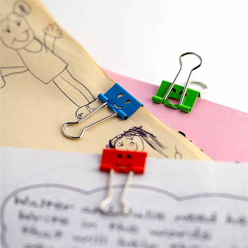 Officemate Smiling Faces Binder Clips, 42PC Small - 2.9" Length x 0.8" Width - 0.38" Size Capacity - Foldable, Removable Handle - Assorted, Green, Blue, Yellow, Red - Steel - 42 Piece (31090)