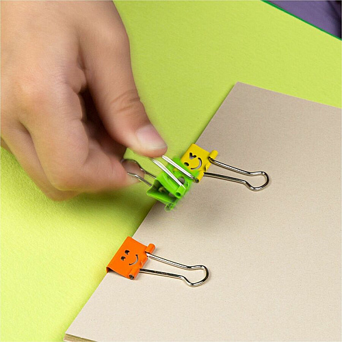 Officemate Smiling Faces Binder Clips, 42PC Small - 2.9" Length x 0.8" Width - 0.38" Size Capacity - Foldable, Removable Handle - Assorted, Green, Blue, Yellow, Red - Steel - 42 Piece (31090)